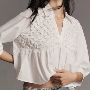Anthropologie PL 100% cotton white smocked babydoll top petite collared NWT